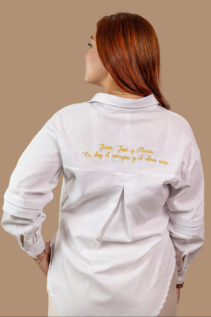 CAMISA LINO BORDADA : TRES CORAZONES SAGRADOS